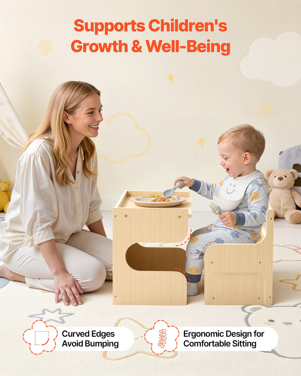 VEVOR Montessori Weaning Table and Chair Set, Wooden, Kids Table and Chair Set for Toddlers 1-5, Step Stool with Blackboard and Storage Space, Easy to Clean, for Eating, Drawing, Reading, Playing
