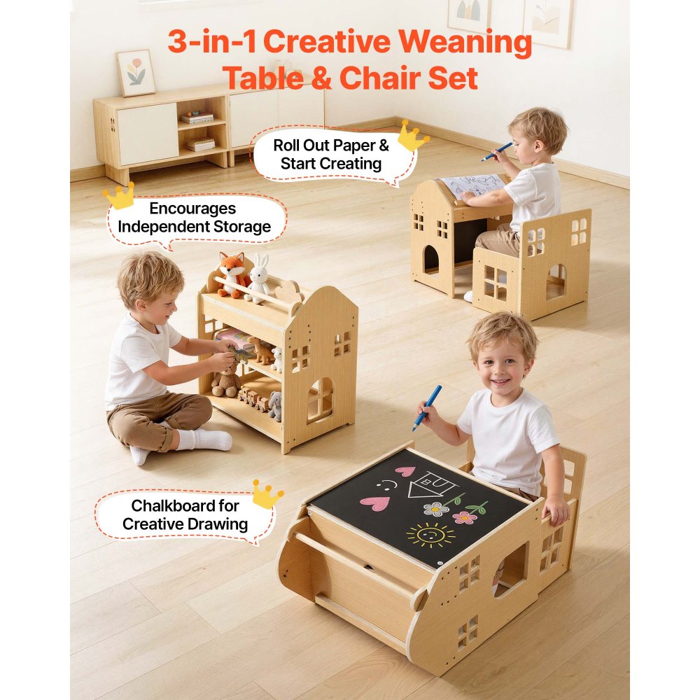 VEVOR Montessori Weaning Table and Chair Set, Wooden, 3 in 1 Kids Table and Chair Set for Toddlers 1-5, with Detachable Chalkboard, 0°& 35°Angles, Easy to Clean, for Eating Drawing Reading Playing