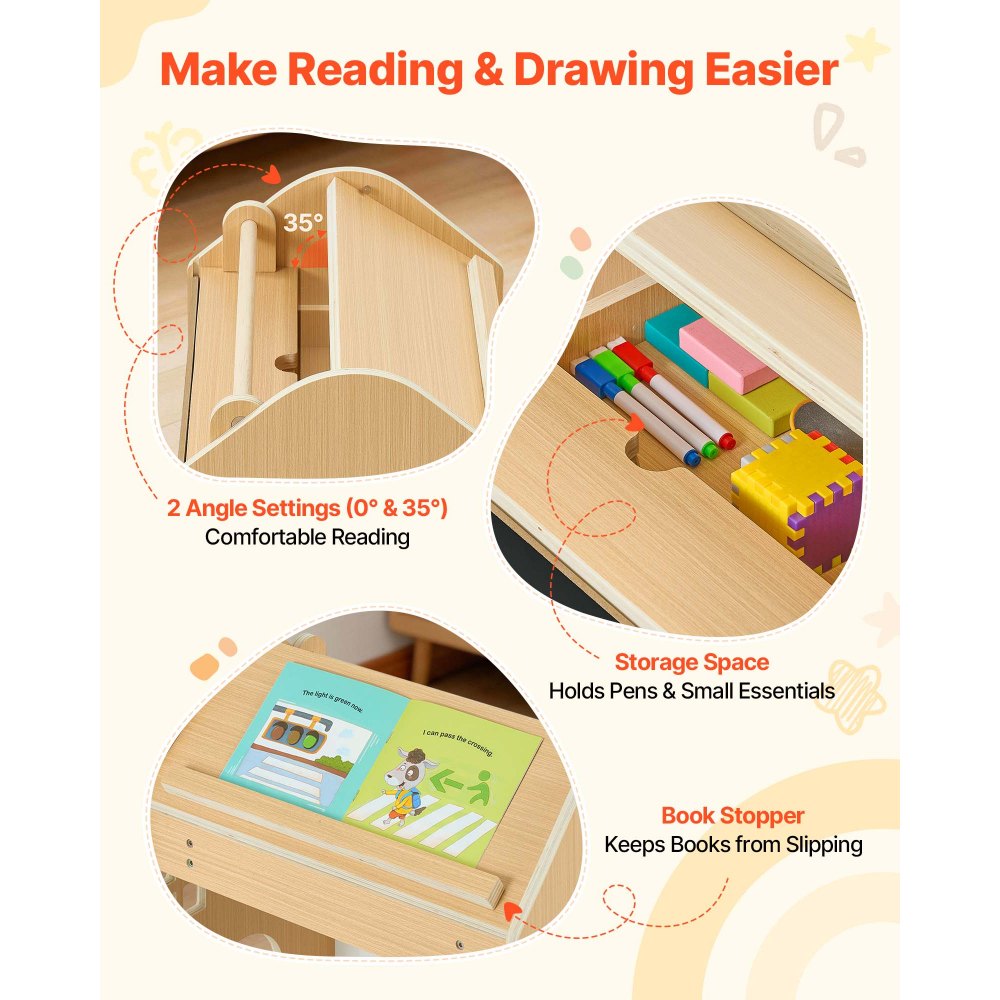 VEVOR Montessori Weaning Table and Chair Set, Wooden, 3 in 1 Kids Table and Chair Set for Toddlers 1-5, with Detachable Chalkboard, 0°& 35°Angles, Easy to Clean, for Eating Drawing Reading Playing