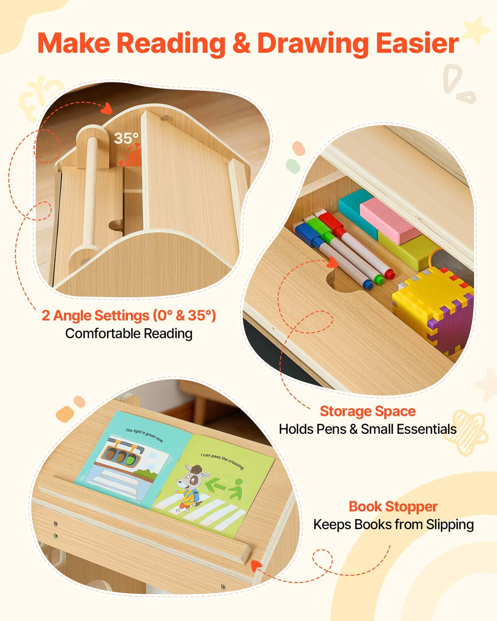 VEVOR Montessori Weaning Table and Chair Set, Wooden, 3 in 1 Kids Table and Chair Set for Toddlers 1-5, with Detachable Chalkboard, 0°& 35°Angles, Easy to Clean, for Eating Drawing Reading Playing