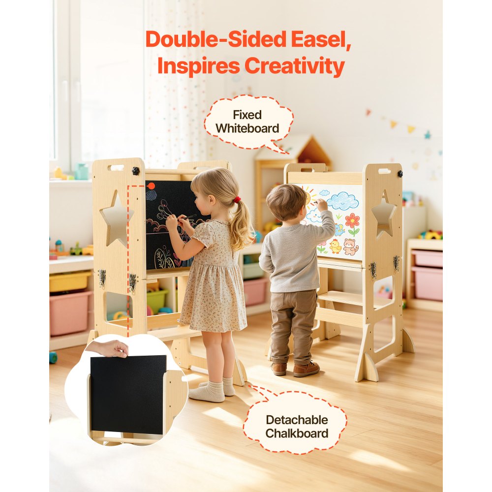 VEVOR Toddler Tower, Wooden, 6 in 1 Kitchen Step Stool for Kids 1-5, Montessori Weaning Table and Chair Set, Learning Standing Tower with Blackboard & Feeding Tray, for Bathroom and Kitchen Counter