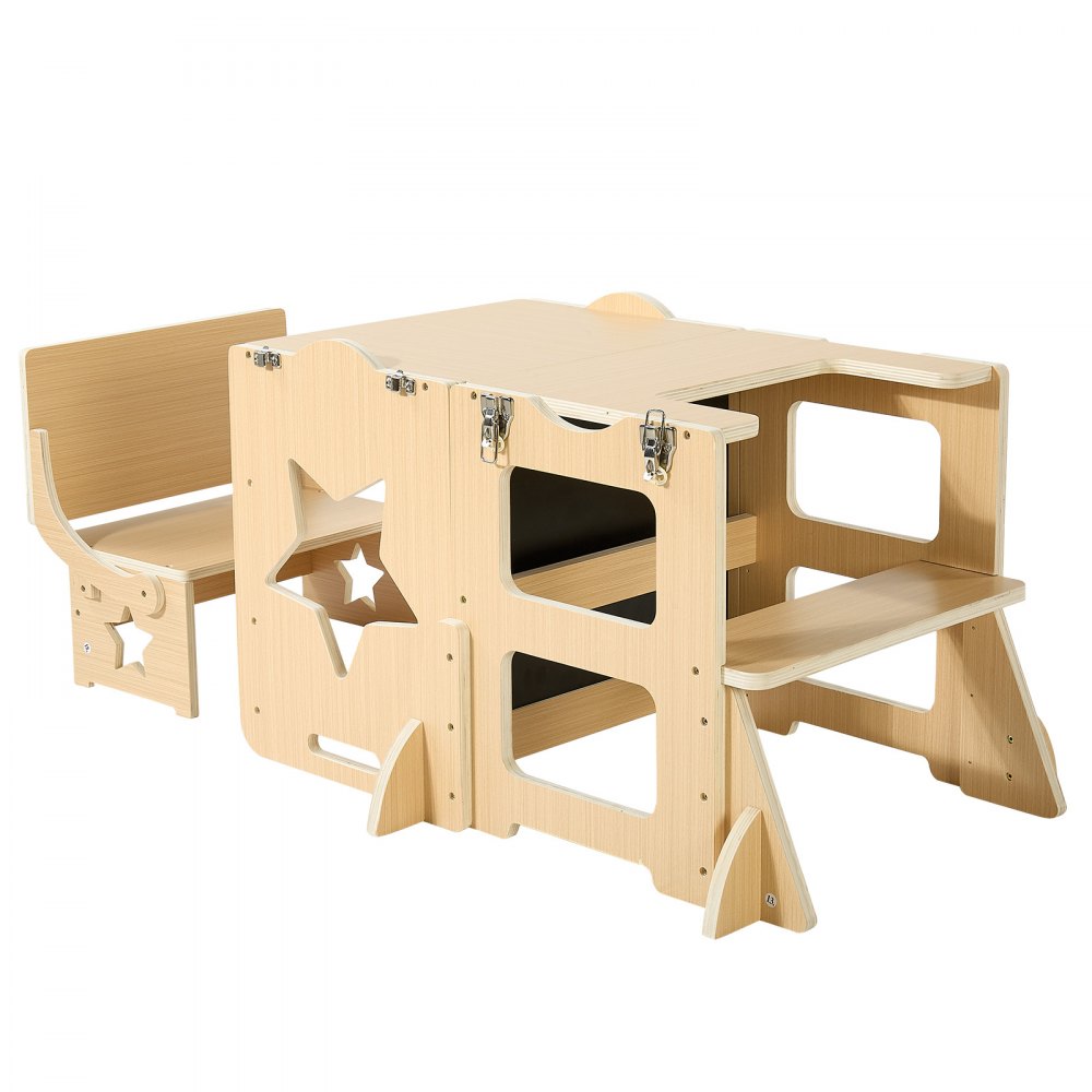 VEVOR Toddler Tower, Wooden, 6 in 1 Kitchen Step Stool for Kids 1-5, Montessori Weaning Table and Chair Set, Learning Standing Tower with Blackboard & Feeding Tray, for Bathroom and Kitchen Counter