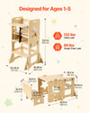 VEVOR Toddler Tower, Wooden, 6 in 1 Kitchen Step Stool for Kids 1-5, Montessori Weaning Table and Chair Set, Learning Standing Tower with Blackboard & Feeding Tray, for Bathroom and Kitchen Counter