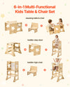 VEVOR Toddler Tower, Wooden, 6 in 1 Kitchen Step Stool for Kids 1-5, Montessori Weaning Table and Chair Set, Learning Standing Tower with Blackboard & Feeding Tray, for Bathroom and Kitchen Counter