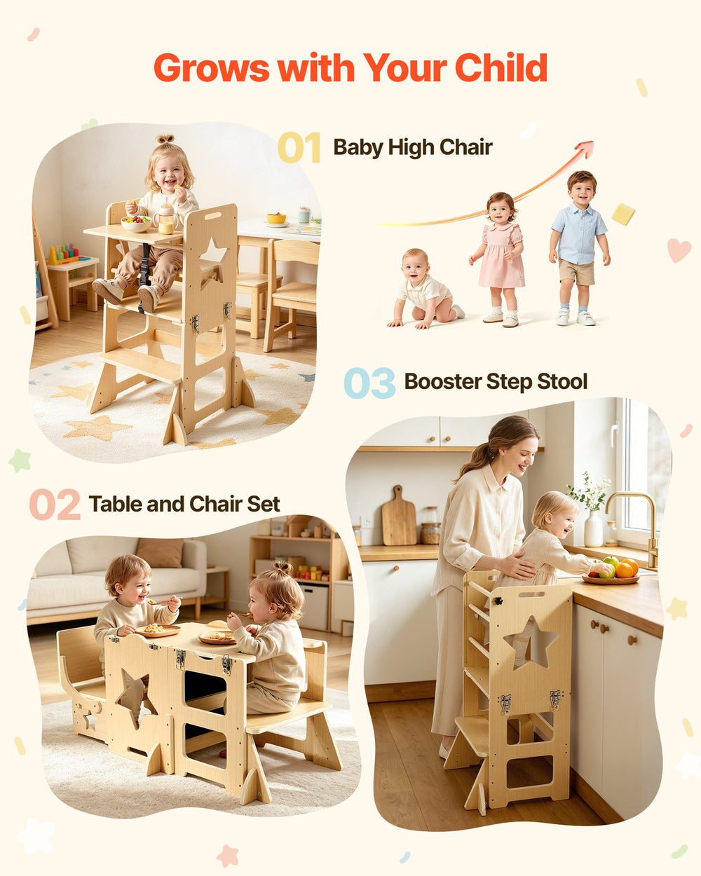 VEVOR Toddler Tower, Wooden, 6 in 1 Kitchen Step Stool for Kids 1-5, Montessori Weaning Table and Chair Set, Learning Standing Tower with Blackboard & Feeding Tray, for Bathroom and Kitchen Counter