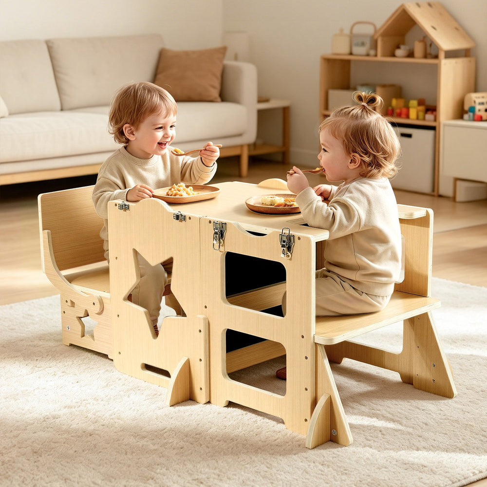 VEVOR Toddler Tower, Wooden, 6 in 1 Kitchen Step Stool for Kids 1-5, Montessori Weaning Table and Chair Set, Learning Standing Tower with Blackboard & Feeding Tray, for Bathroom and Kitchen Counter