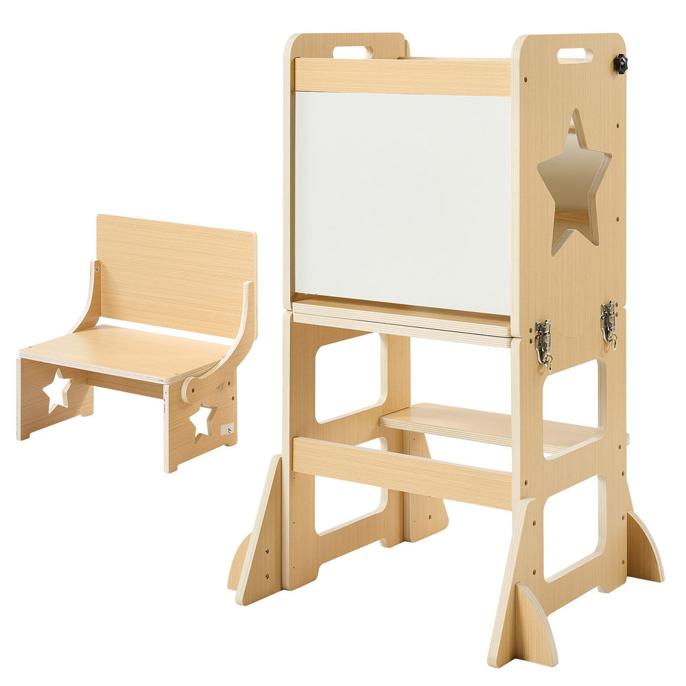 VEVOR Toddler Tower, Wooden, 6 in 1 Kitchen Step Stool for Kids 1-5, Montessori Weaning Table and Chair Set, Learning Standing Tower with Blackboard & Feeding Tray, for Bathroom and Kitchen Counter