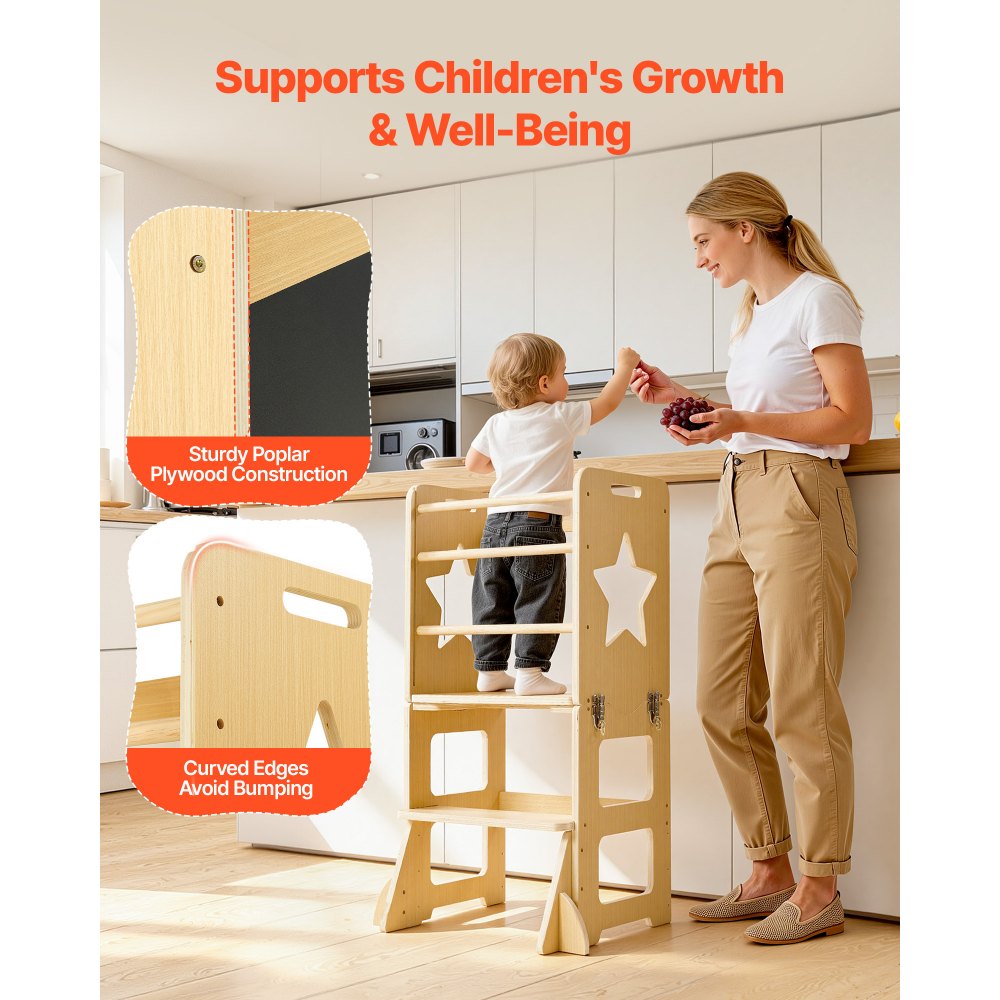 VEVOR Toddler Tower, Wooden, 4 in 1 Kitchen Step Stool for Kids 1-5, Montessori Weaning Table and Chair Set, Learning Standing Tower with Chalkboard, Easy to Clean, for Bathroom and Kitchen Counter