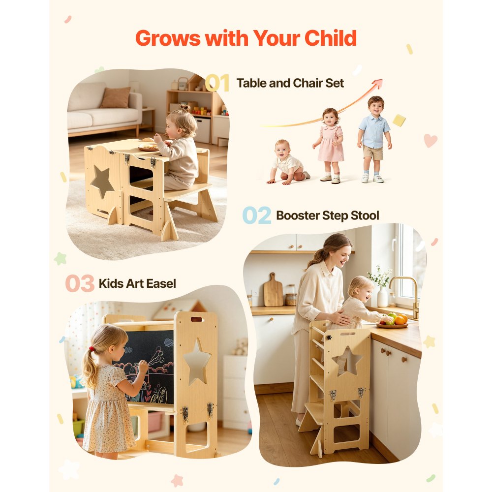 VEVOR Toddler Tower, Wooden, 4 in 1 Kitchen Step Stool for Kids 1-5, Montessori Weaning Table and Chair Set, Learning Standing Tower with Chalkboard, Easy to Clean, for Bathroom and Kitchen Counter