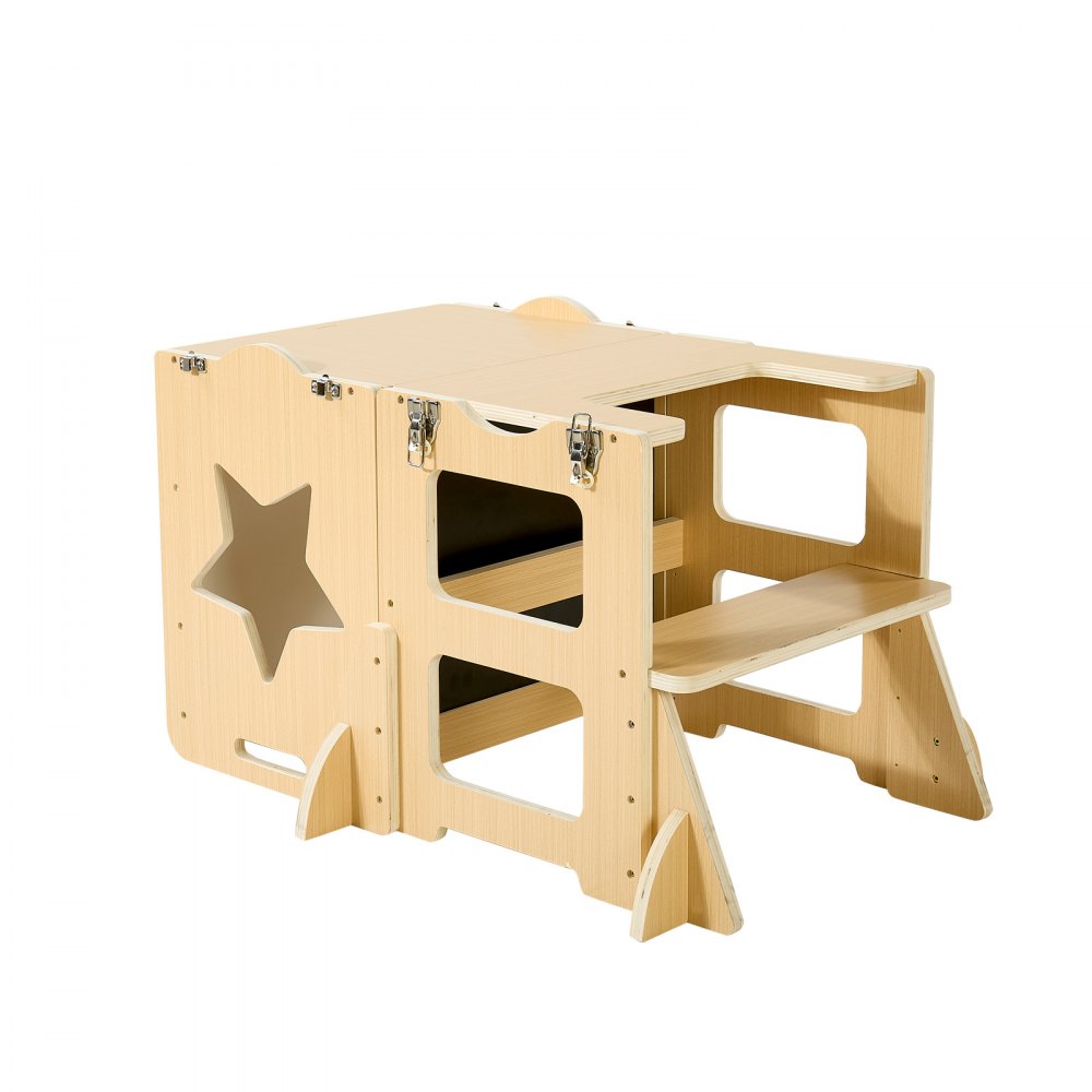 VEVOR Toddler Tower, Wooden, 4 in 1 Kitchen Step Stool for Kids 1-5, Montessori Weaning Table and Chair Set, Learning Standing Tower with Chalkboard, Easy to Clean, for Bathroom and Kitchen Counter