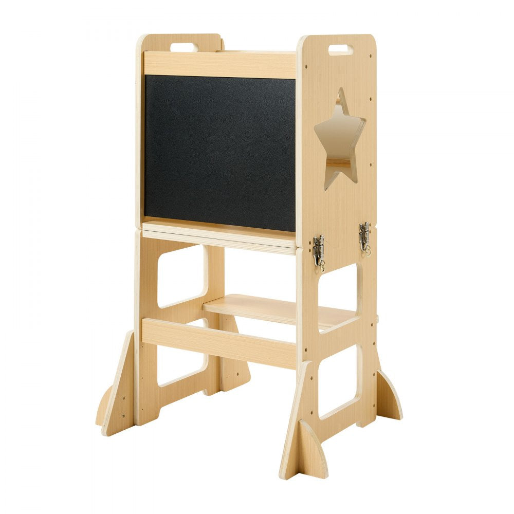 VEVOR Toddler Tower, Wooden, 4 in 1 Kitchen Step Stool for Kids 1-5, Montessori Weaning Table and Chair Set, Learning Standing Tower with Chalkboard, Easy to Clean, for Bathroom and Kitchen Counter