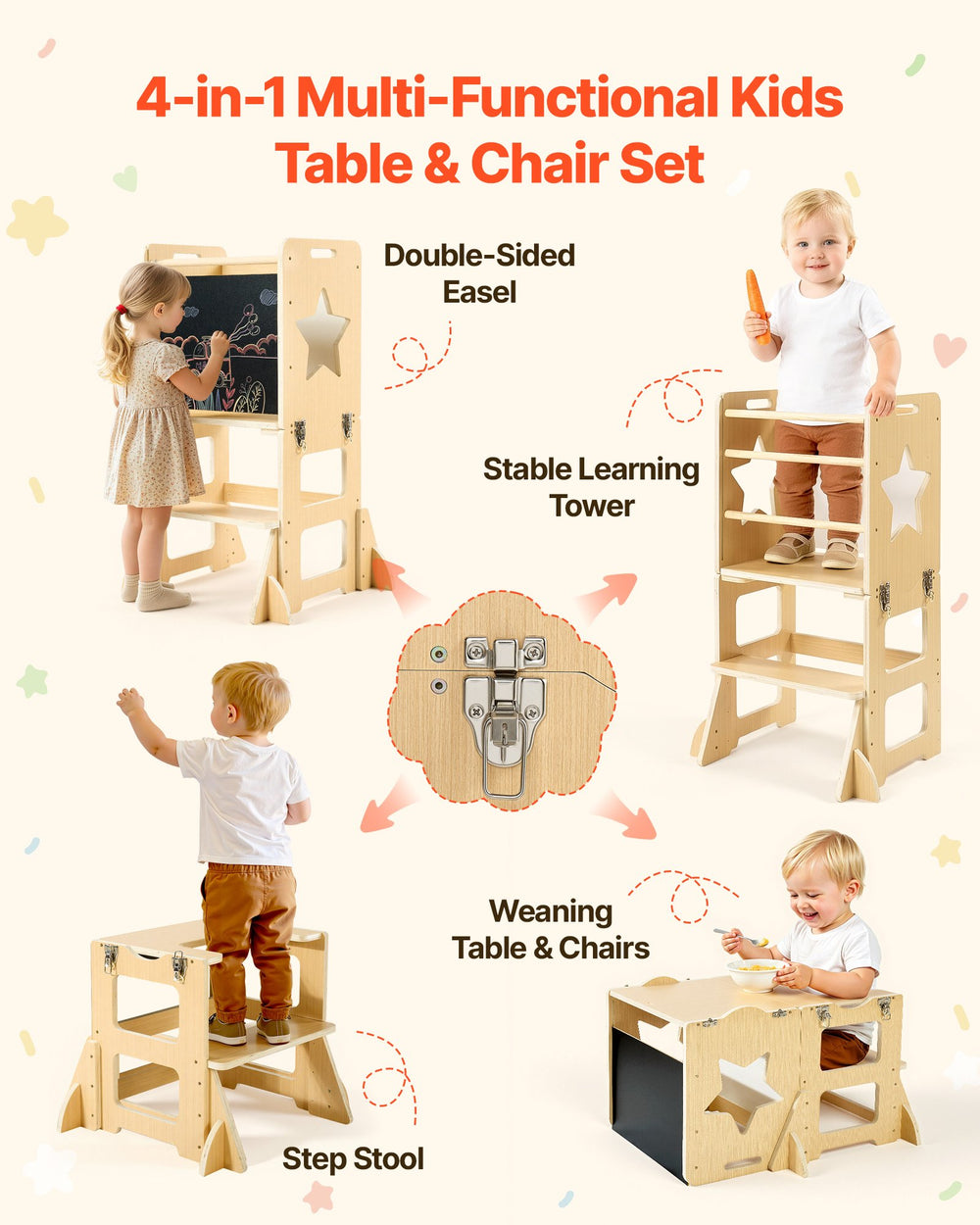 VEVOR Toddler Tower, Wooden, 4 in 1 Kitchen Step Stool for Kids 1-5, Montessori Weaning Table and Chair Set, Learning Standing Tower with Chalkboard, Easy to Clean, for Bathroom and Kitchen Counter