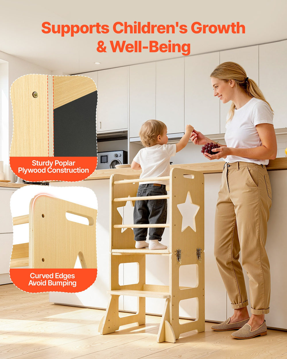 VEVOR Toddler Tower, Wooden, 4 in 1 Kitchen Step Stool for Kids 1-5, Montessori Weaning Table and Chair Set, Learning Standing Tower with Chalkboard, Easy to Clean, for Bathroom and Kitchen Counter