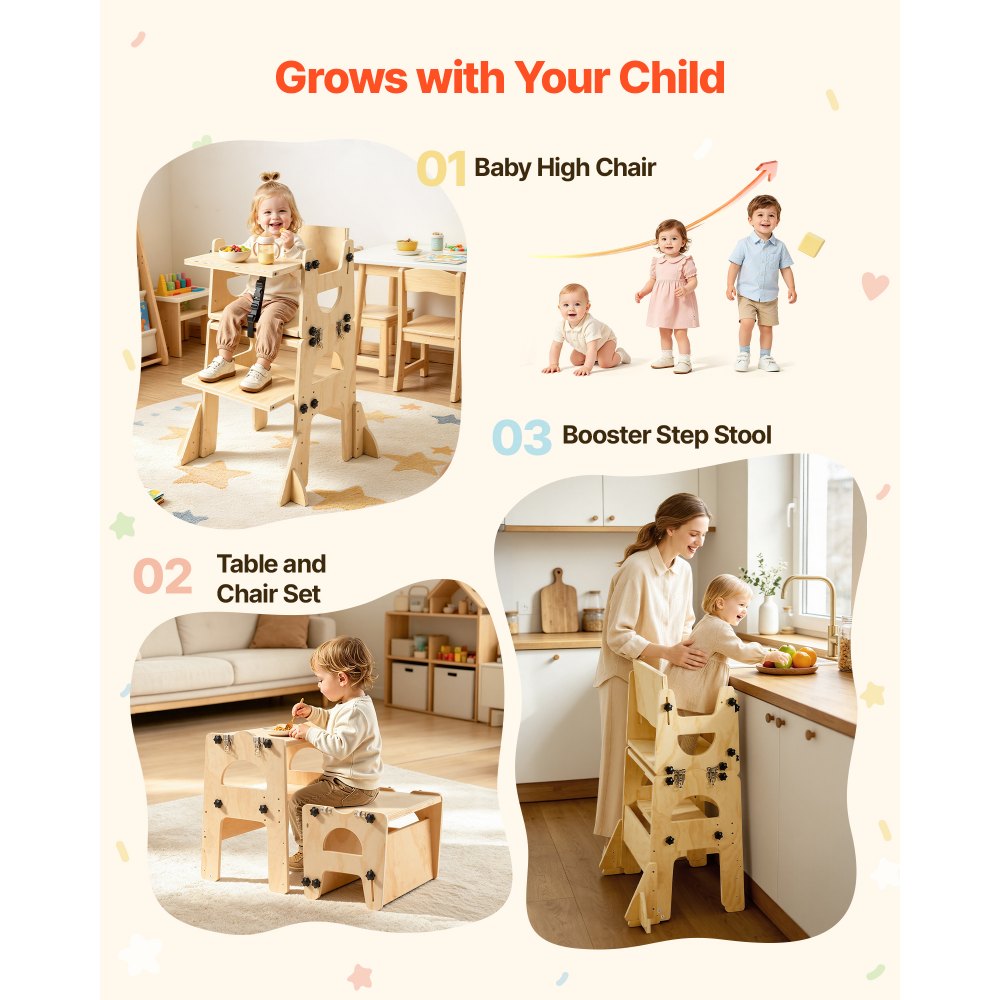 VEVOR Toddler Tower, Wooden, Adjustable Kitchen Step Stool for Kids 1-5, Montessori Weaning Table and Chair Set, Learning Standing Tower with Chalkboard, Backrest, for Bathroom and Kitchen Counter