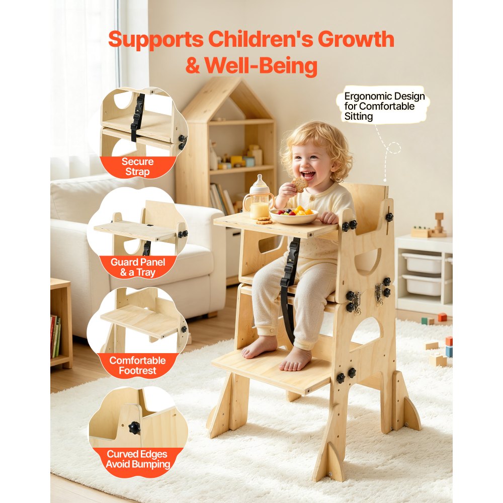 VEVOR Toddler Tower, Wooden, Adjustable Kitchen Step Stool for Kids 1-5, Montessori Weaning Table and Chair Set, Learning Standing Tower with Chalkboard, Backrest, for Bathroom and Kitchen Counter