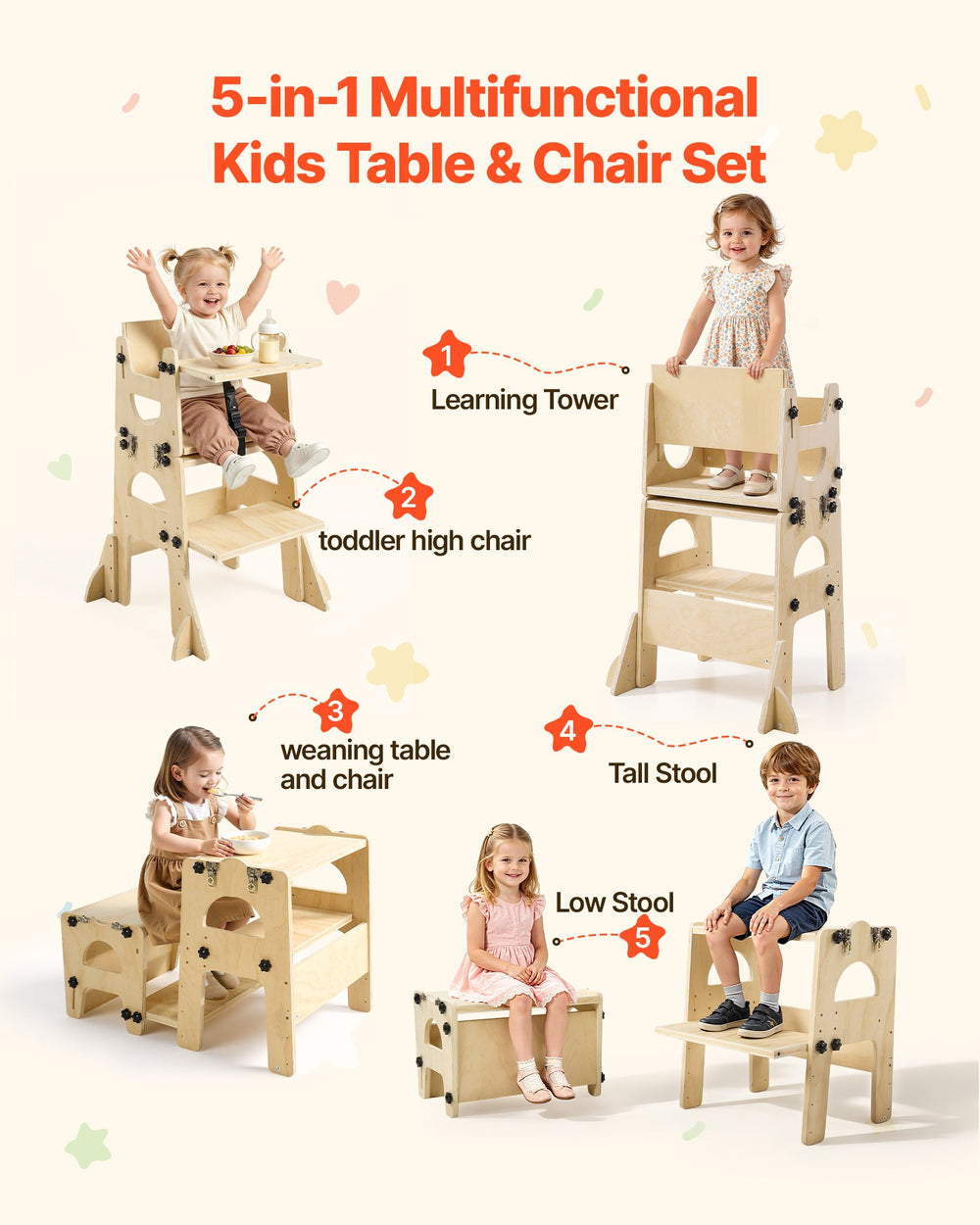VEVOR Toddler Tower, Wooden, Adjustable Kitchen Step Stool for Kids 1-5, Montessori Weaning Table and Chair Set, Learning Standing Tower with Chalkboard, Backrest, for Bathroom and Kitchen Counter