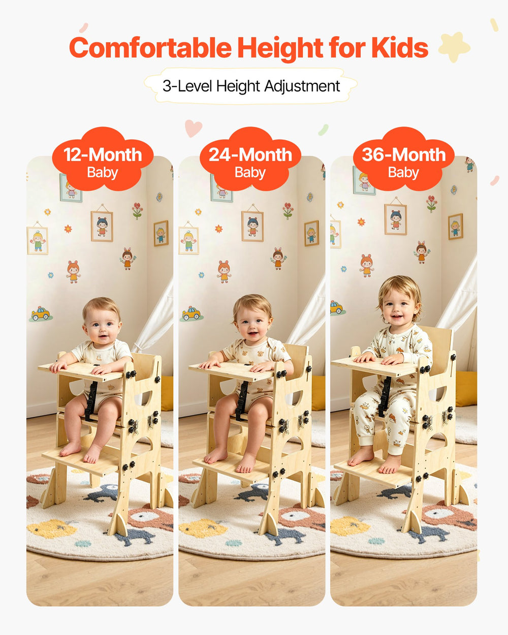 VEVOR Toddler Tower, Wooden, Adjustable Kitchen Step Stool for Kids 1-5, Montessori Weaning Table and Chair Set, Learning Standing Tower with Chalkboard, Backrest, for Bathroom and Kitchen Counter
