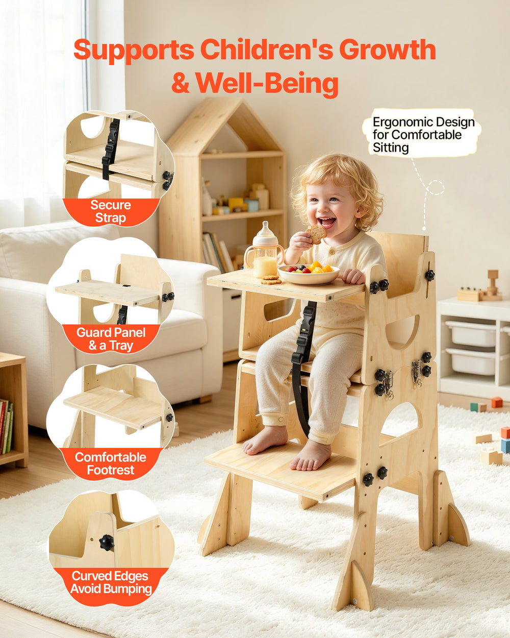 VEVOR Toddler Tower, Wooden, Adjustable Kitchen Step Stool for Kids 1-5, Montessori Weaning Table and Chair Set, Learning Standing Tower with Chalkboard, Backrest, for Bathroom and Kitchen Counter