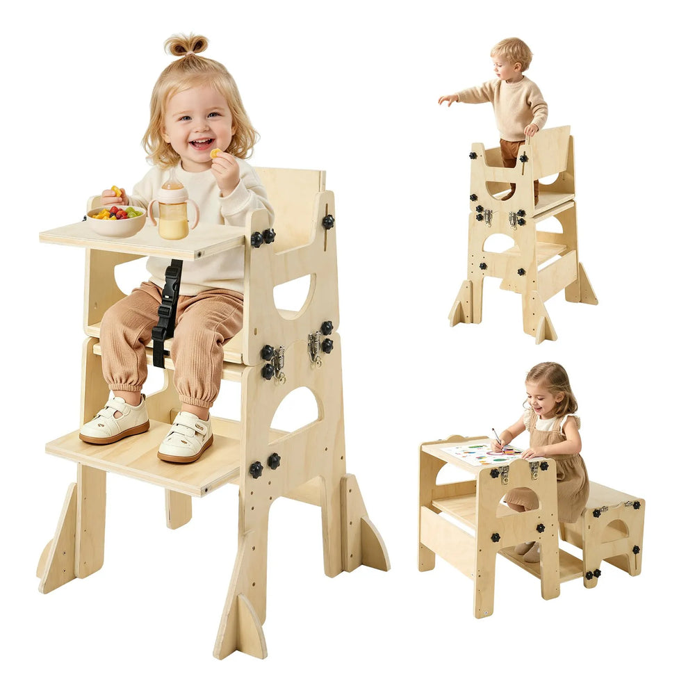 VEVOR Toddler Tower, Wooden, Adjustable Kitchen Step Stool for Kids 1-5, Montessori Weaning Table and Chair Set, Learning Standing Tower with Chalkboard, Backrest, for Bathroom and Kitchen Counter