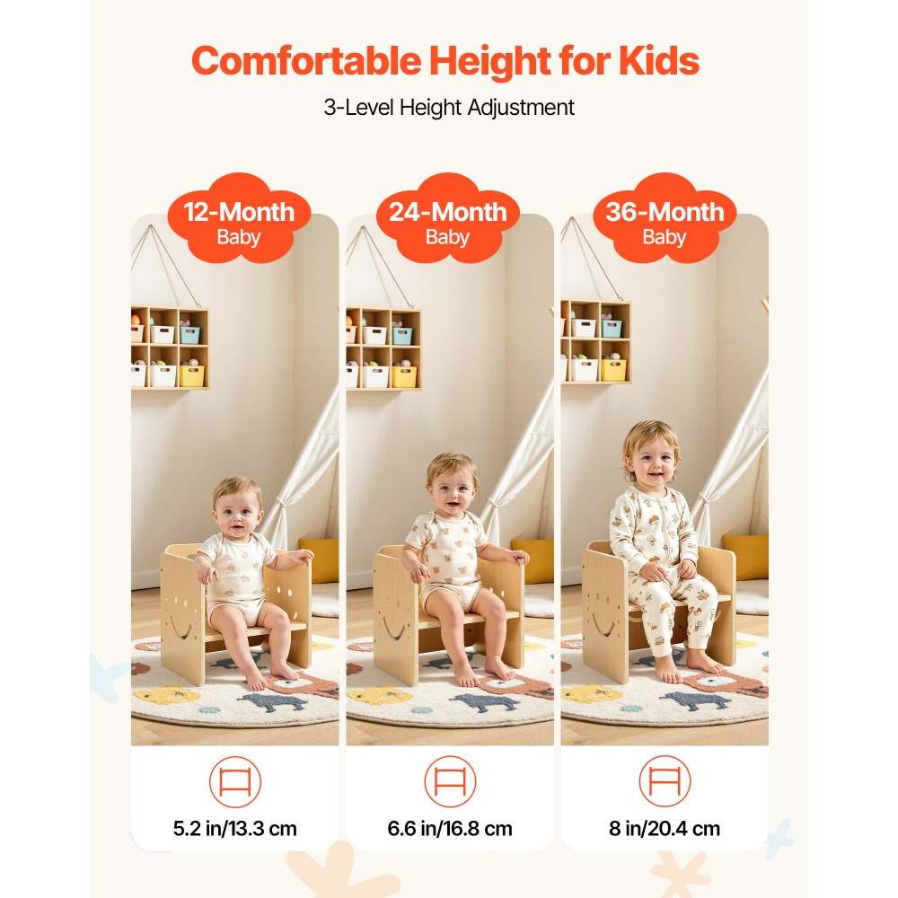 VEVOR Montessori Weaning Table and Chair Set, Wooden, Kids Table and Chair Set for Toddlers 1-5, Step Stool with Whiteboard and 3 Heights Adjustable, Easy to Clean, for Eating Drawing Reading Playing