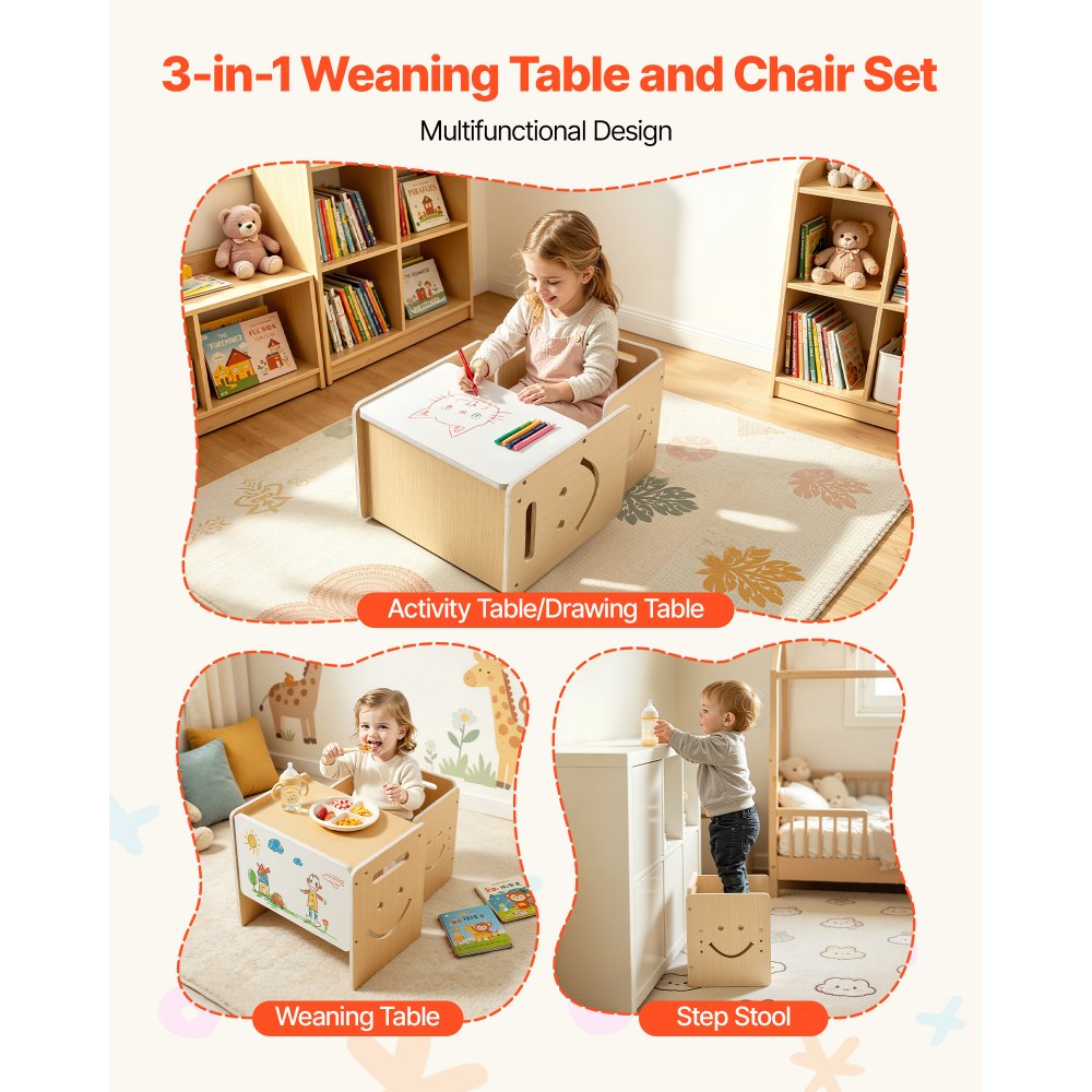 VEVOR Montessori Weaning Table and Chair Set, Wooden, Kids Table and Chair Set for Toddlers 1-5, Step Stool with Whiteboard and 3 Heights Adjustable, Easy to Clean, for Eating Drawing Reading Playing