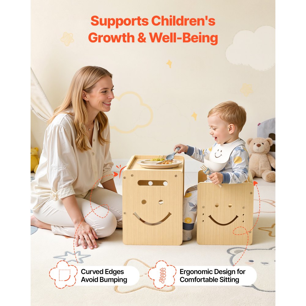 VEVOR Montessori Weaning Table and Chair Set, Wooden, Kids Table and Chair Set for Toddlers 1-5, Step Stool with Whiteboard and 3 Heights Adjustable, Easy to Clean, for Eating Drawing Reading Playing