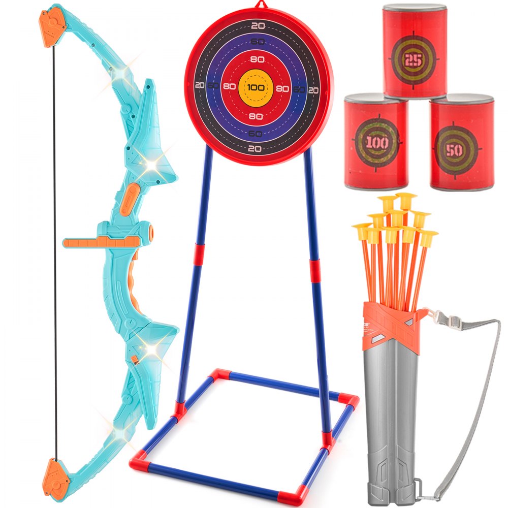 VEVOR Bow and Arrow Set for Kids, LED Light Up Archery Set with 10 Suction Cup Arrows, Standing Target, Quiver, 3 Target Cans, Outdoor Toy for Boys & Girls 6 7 8 9 10+ Years Old, Birthday Gift for Kid