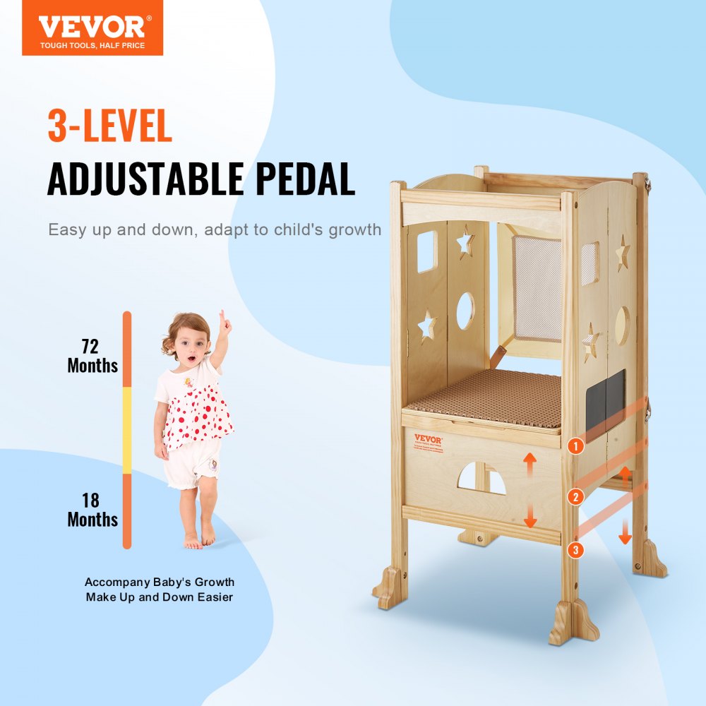 VEVOR Folding Step Stool for Toddlers, Adjustable 3-Height Kids Kitchen Step Stool, Solid Wood Children's Learning Tower with Safety Guard, Versatile for Kitchen, Bedroom, Bathroom