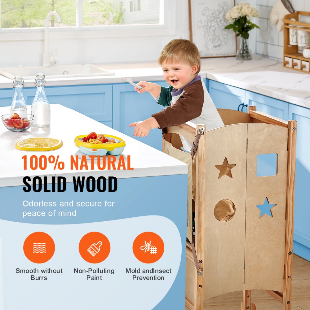 VEVOR Folding Step Stool for Toddlers, Adjustable 3-Height Kids Kitchen Step Stool, Solid Wood Children's Learning Tower with Safety Guard, Versatile for Kitchen, Bedroom, Bathroom