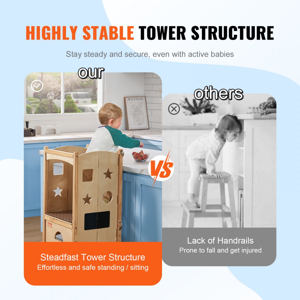 VEVOR Folding Step Stool for Toddlers, Adjustable 3-Height Kids Kitchen Step Stool, Solid Wood Children's Learning Tower with Safety Guard, Versatile for Kitchen, Bedroom, Bathroom