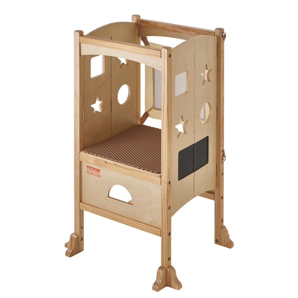 VEVOR Folding Step Stool for Toddlers, Adjustable 3-Height Kids Kitchen Step Stool, Solid Wood Children's Learning Tower with Safety Guard, Versatile for Kitchen, Bedroom, Bathroom