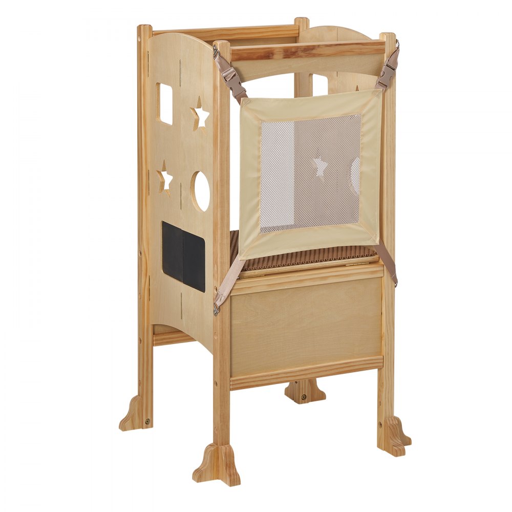 VEVOR Folding Step Stool for Toddlers, Adjustable 3-Height Kids Kitchen Step Stool, Solid Wood Children's Learning Tower with Safety Guard, Versatile for Kitchen, Bedroom, Bathroom