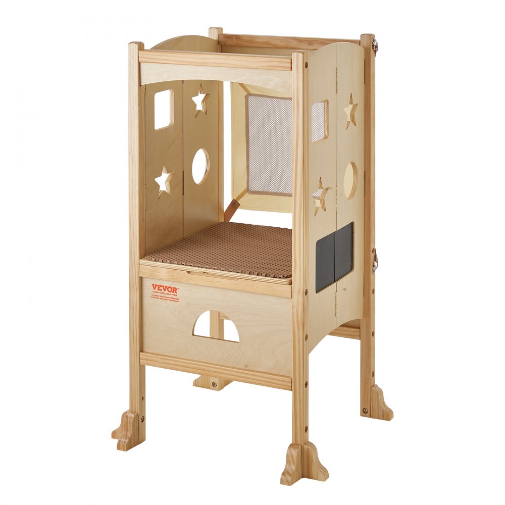 VEVOR Folding Step Stool for Toddlers, Adjustable 3-Height Kids Kitchen Step Stool, Solid Wood Children's Learning Tower with Safety Guard, Versatile for Kitchen, Bedroom, Bathroom