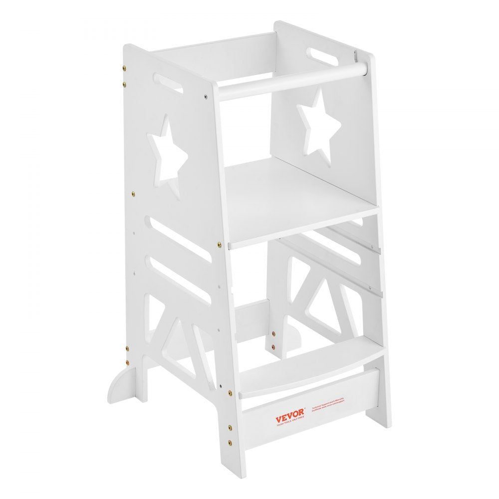 VEVOR Tower Step Stool, 3-Level Height Adjustable Toddler Step Stools for Kids, Kitchen Stool Helper, Bamboo Standing Tower Learning Stool with Safety Rail for Kitchen Counter Bathroom, 350LBS, White