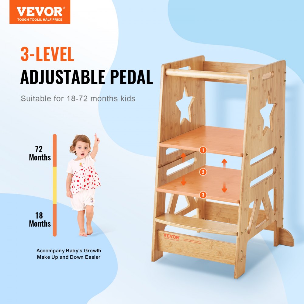 VEVOR Tower Step Stool, 3-Level Height Adjustable Toddler Step Stools for Kids, Bamboo Kids Standing Tower Learning Stool with Safety Rail for Kitchen Counter Bathroom, 350LBS