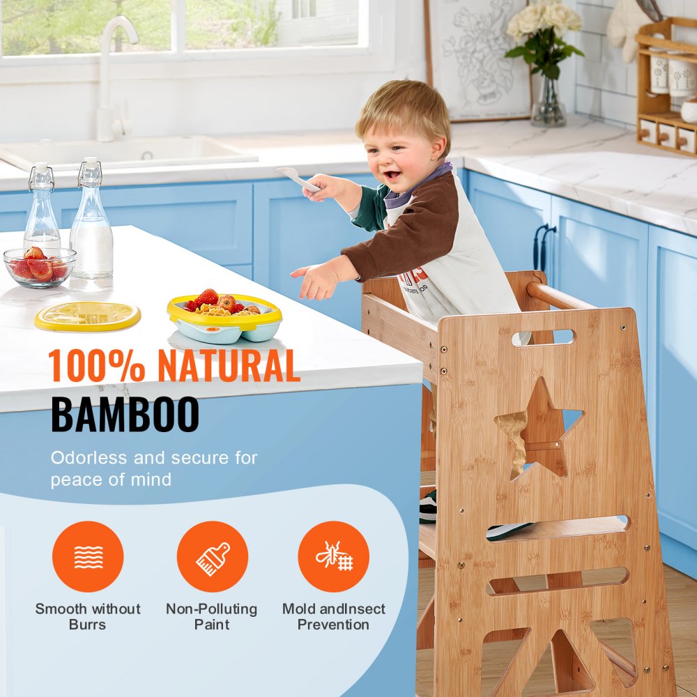 VEVOR Tower Step Stool, 3-Level Height Adjustable Toddler Step Stools for Kids, Bamboo Kids Standing Tower Learning Stool with Safety Rail for Kitchen Counter Bathroom, 350LBS