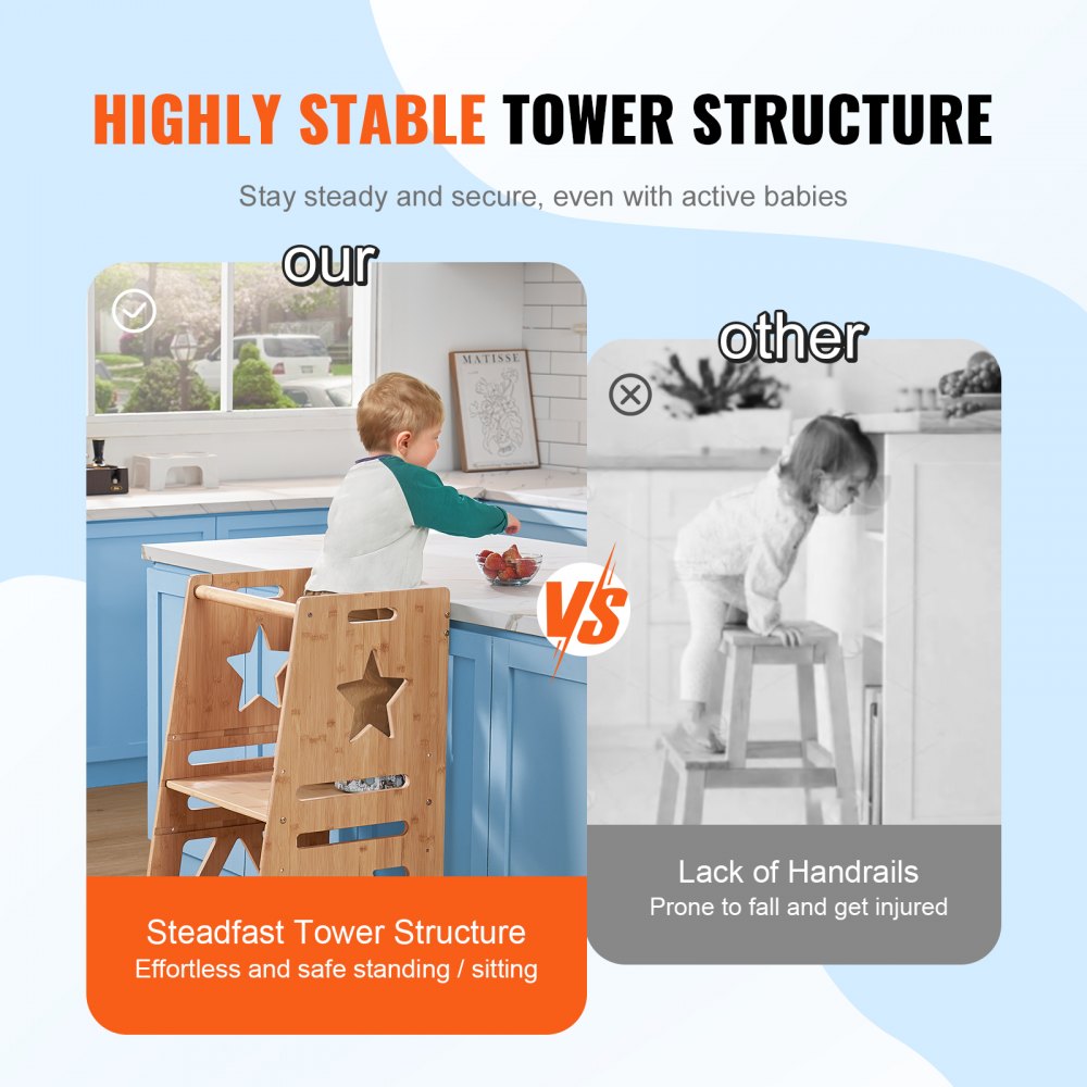 VEVOR Tower Step Stool, 3-Level Height Adjustable Toddler Step Stools for Kids, Bamboo Kids Standing Tower Learning Stool with Safety Rail for Kitchen Counter Bathroom, 350LBS