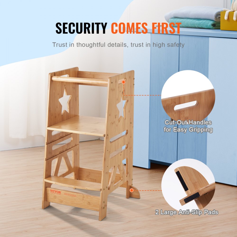 VEVOR Tower Step Stool, 3-Level Height Adjustable Toddler Step Stools for Kids, Bamboo Kids Standing Tower Learning Stool with Safety Rail for Kitchen Counter Bathroom, 350LBS