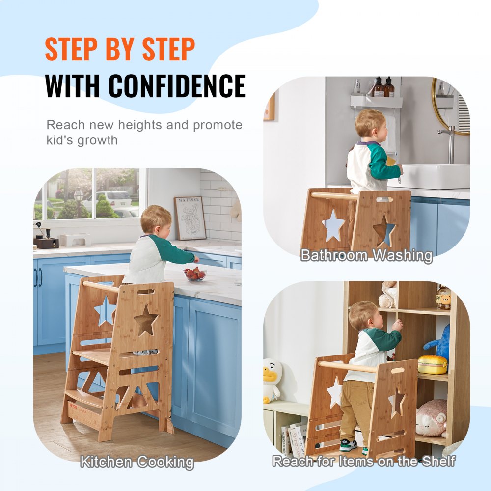 VEVOR Tower Step Stool, 3-Level Height Adjustable Toddler Step Stools for Kids, Bamboo Kids Standing Tower Learning Stool with Safety Rail for Kitchen Counter Bathroom, 350LBS