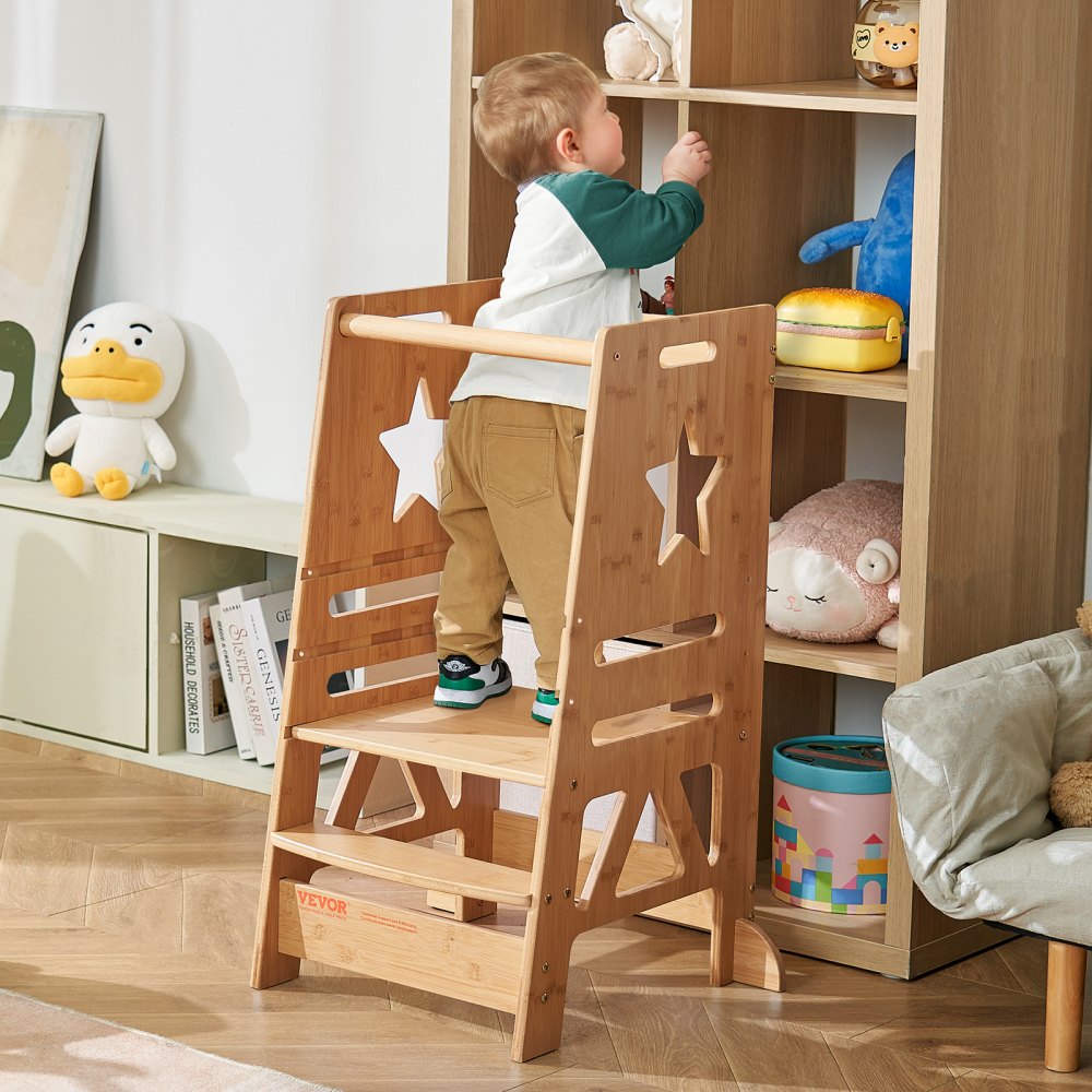 VEVOR Tower Step Stool, 3-Level Height Adjustable Toddler Step Stools for Kids, Bamboo Kids Standing Tower Learning Stool with Safety Rail for Kitchen Counter Bathroom, 350LBS