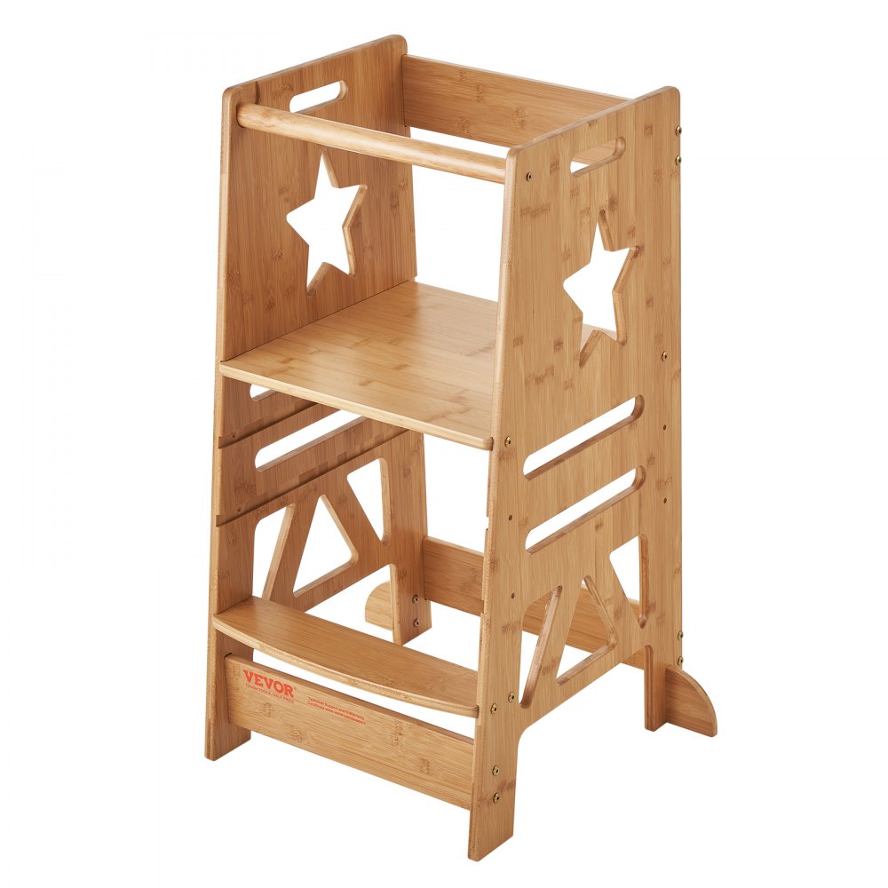 VEVOR Tower Step Stool, 3-Level Height Adjustable Toddler Step Stools for Kids, Bamboo Kids Standing Tower Learning Stool with Safety Rail for Kitchen Counter Bathroom, 350LBS