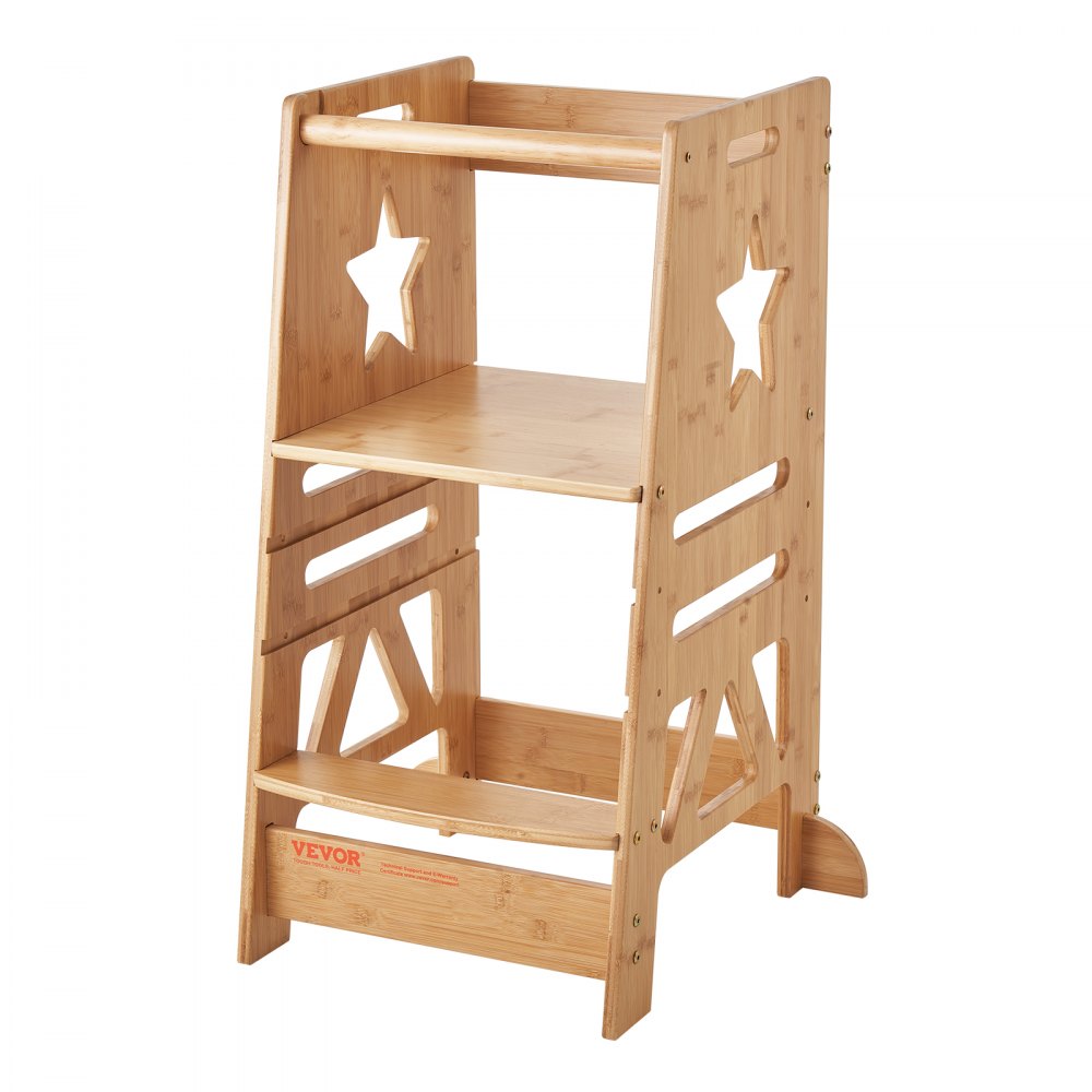 VEVOR Tower Step Stool, 3-Level Height Adjustable Toddler Step Stools for Kids, Bamboo Kids Standing Tower Learning Stool with Safety Rail for Kitchen Counter Bathroom, 350LBS