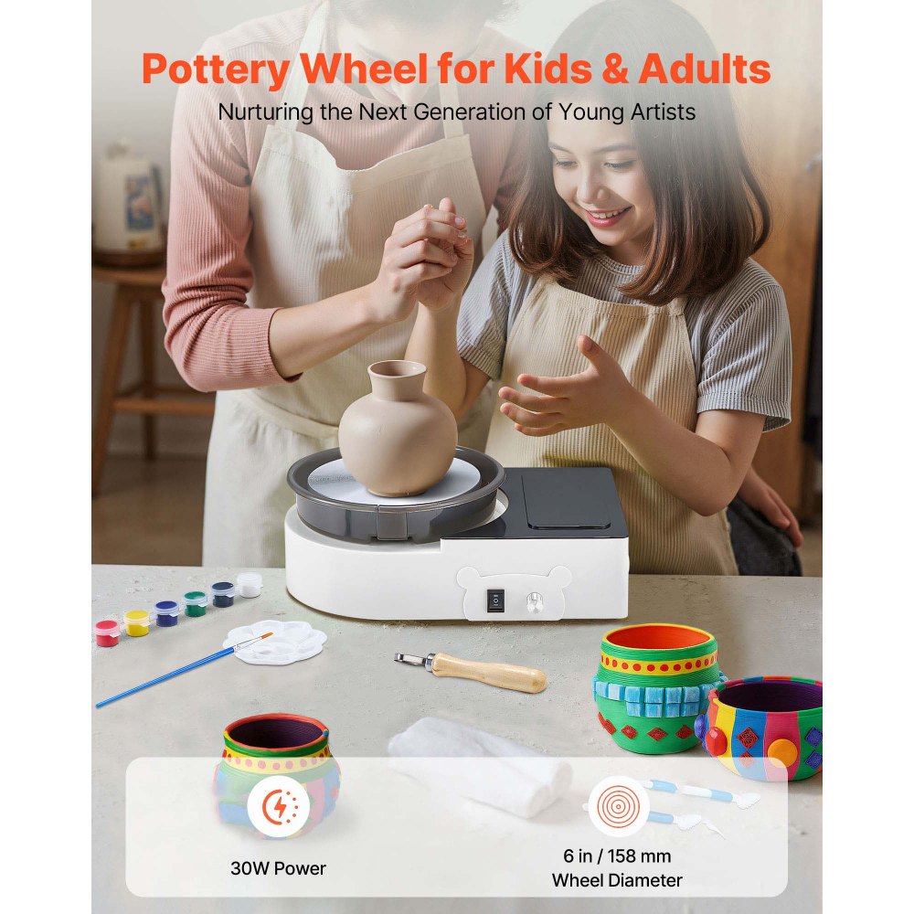 VEVOR Mini Pottery Wheel, 6 inch Turntable, Forward and Reverse Rotation, Adjustable Speed, Electric Clay Wheel for Kids and Adults, with Clay Shaping Tools, for Home DIY, Pottery Classes, White