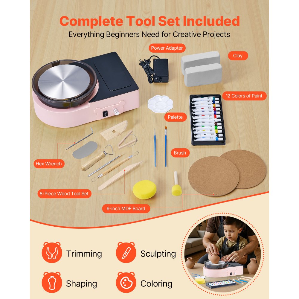 VEVOR Mini Pottery Wheel, 6 inch Turntable, Forward and Reverse Rotation, Adjustable Speed, Electric Clay Wheel for Kids and Adults, with Clay Shaping Tools, for Home DIY, Pottery Classes, Pink