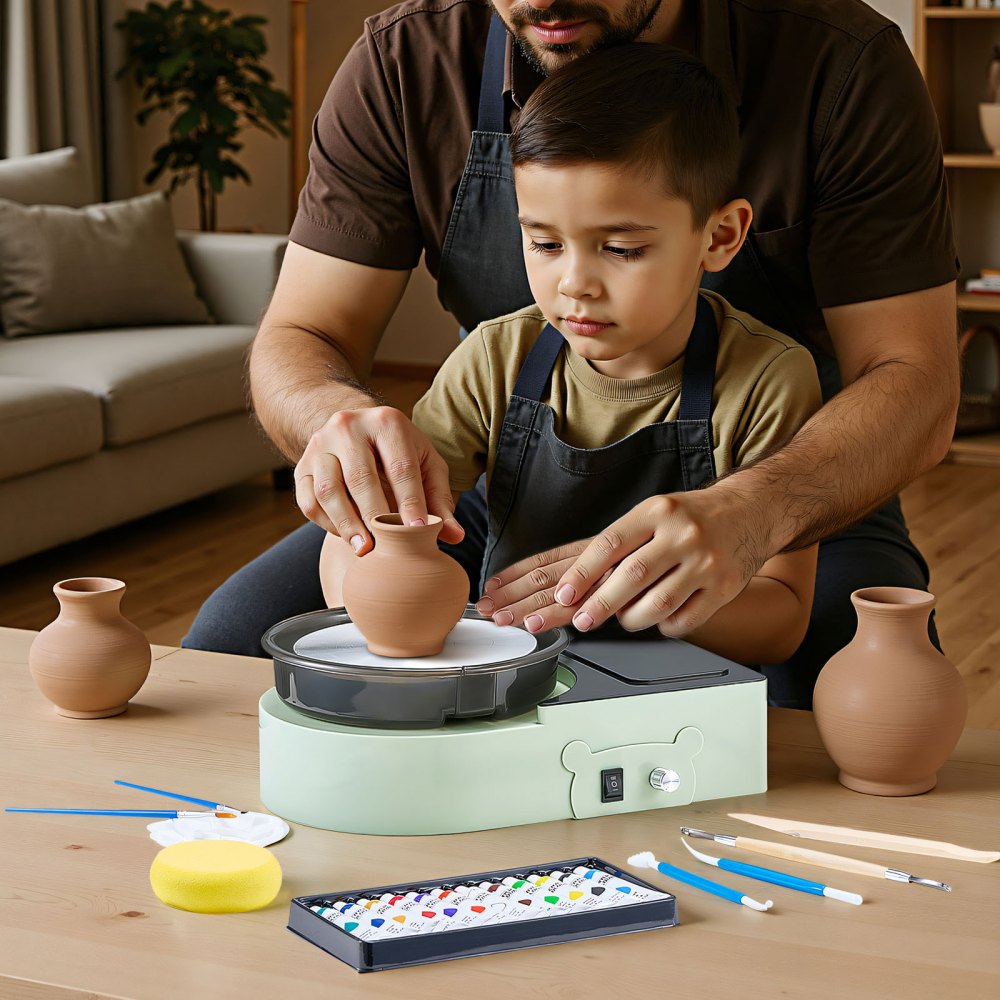 VEVOR Mini Pottery Wheel, 6 inch Turntable, Forward and Reverse Rotation, Adjustable Speed, Electric Clay Wheel for Kids and Adults, with Clay Shaping Tools, for Home DIY, Pottery Classes, Green