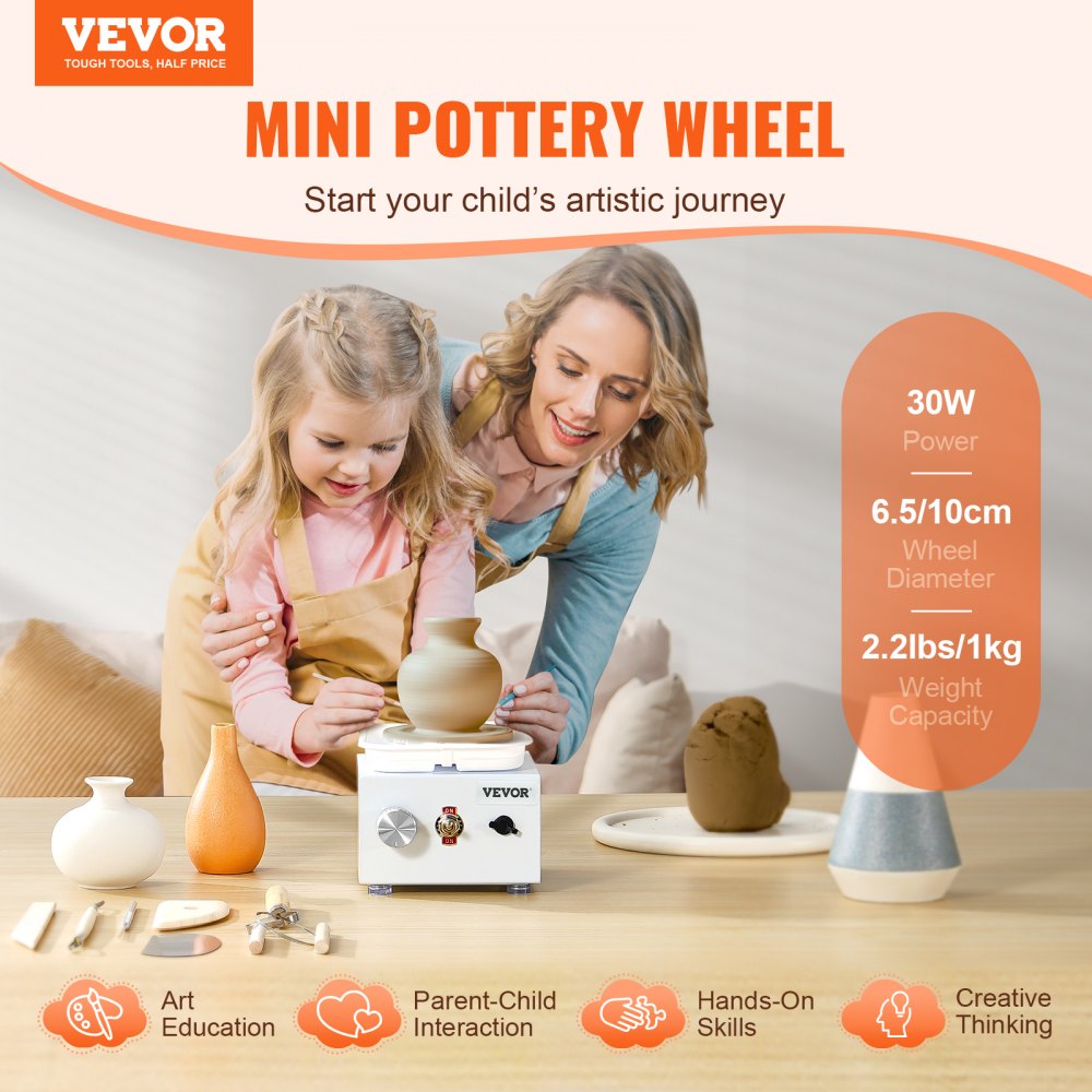VEVOR Mini Pottery Wheel, 0-320RPM Adjustable Speed Detachable Basin Forming Machine, 2.56in/3.94in 2 Turntables Electric Ceramic Wheel Machine, 18pcs Accessories, for Art Craft Work Home DIY, White