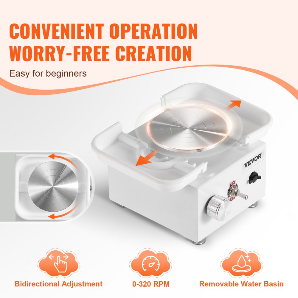 VEVOR Mini Pottery Wheel, 0-320RPM Adjustable Speed Detachable Basin Forming Machine, 2.56in/3.94in 2 Turntables Electric Ceramic Wheel Machine, 18pcs Accessories, for Art Craft Work Home DIY, White