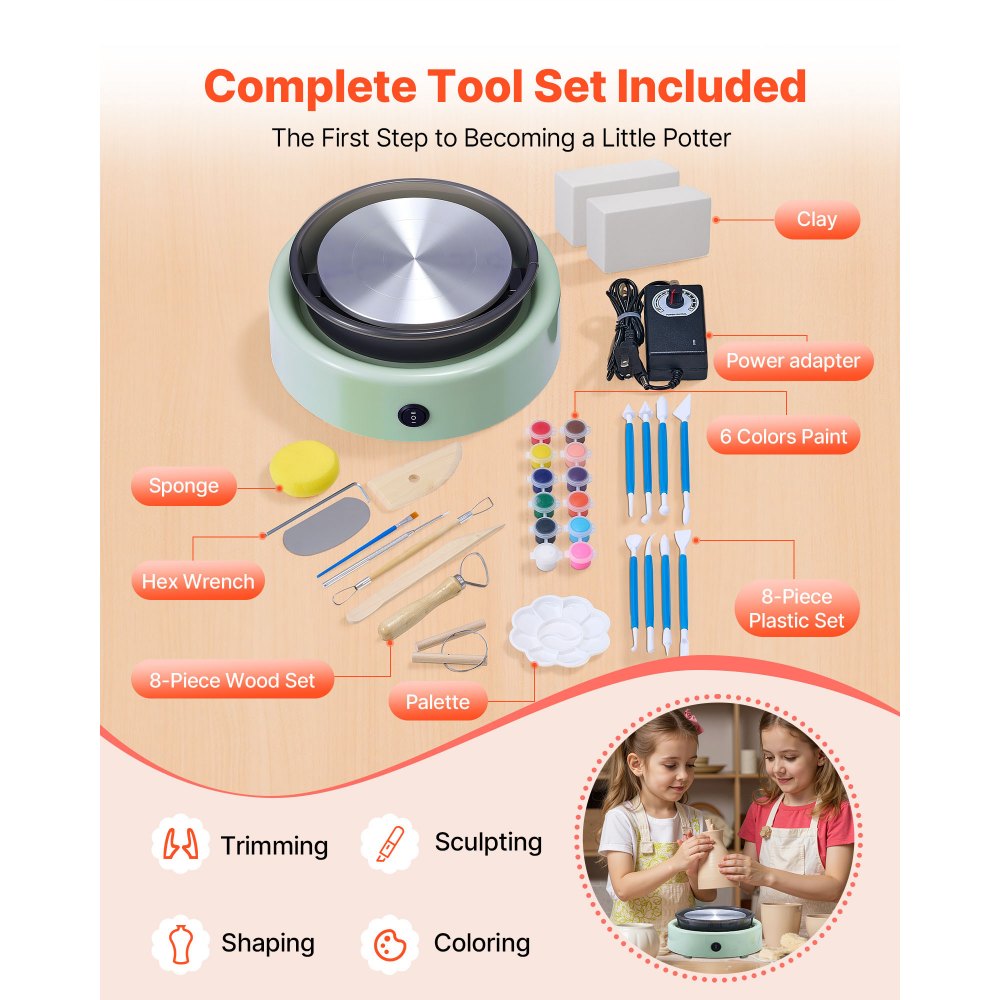 VEVOR Mini Pottery Wheel, 6 inch Turntable, Forward and Reverse Rotation, Adjustable Speed, Electric Clay Wheel for Kids and Beginners, with Shaping Tools, for Home DIY, Pottery Classes, Green