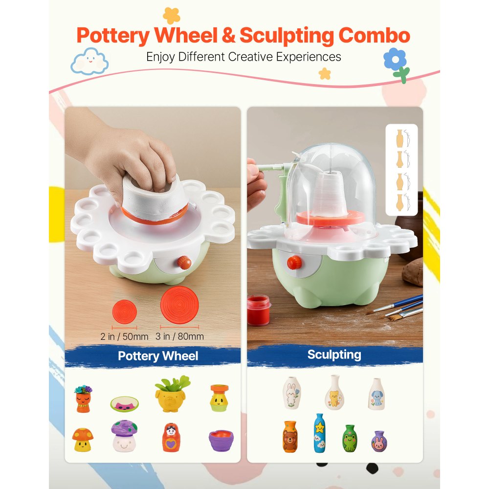 VEVOR Mini Pottery Wheel, 2 in and 3 in Turntables, Adjustable Speed, Electric Clay Wheel for Kids and Beginners, Complete Pottery Set with Clay Sculpting Tools, Gift for Boys and Girls, Green