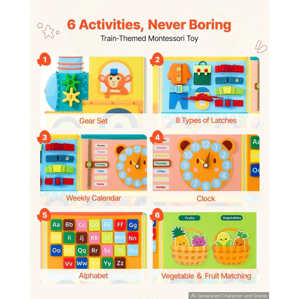 VEVOR Felt Wall Busy Board, 14-in-1 Train Foldable Montessori Activity Toys, Travel Daycare, Classroom, Playroom, Home, Educational Sensory Panel, with Letters Fruits Vegetables Clock Learning Pieces